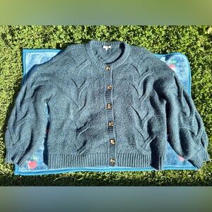 Teal Blue Cable Knit Button Cardigan
